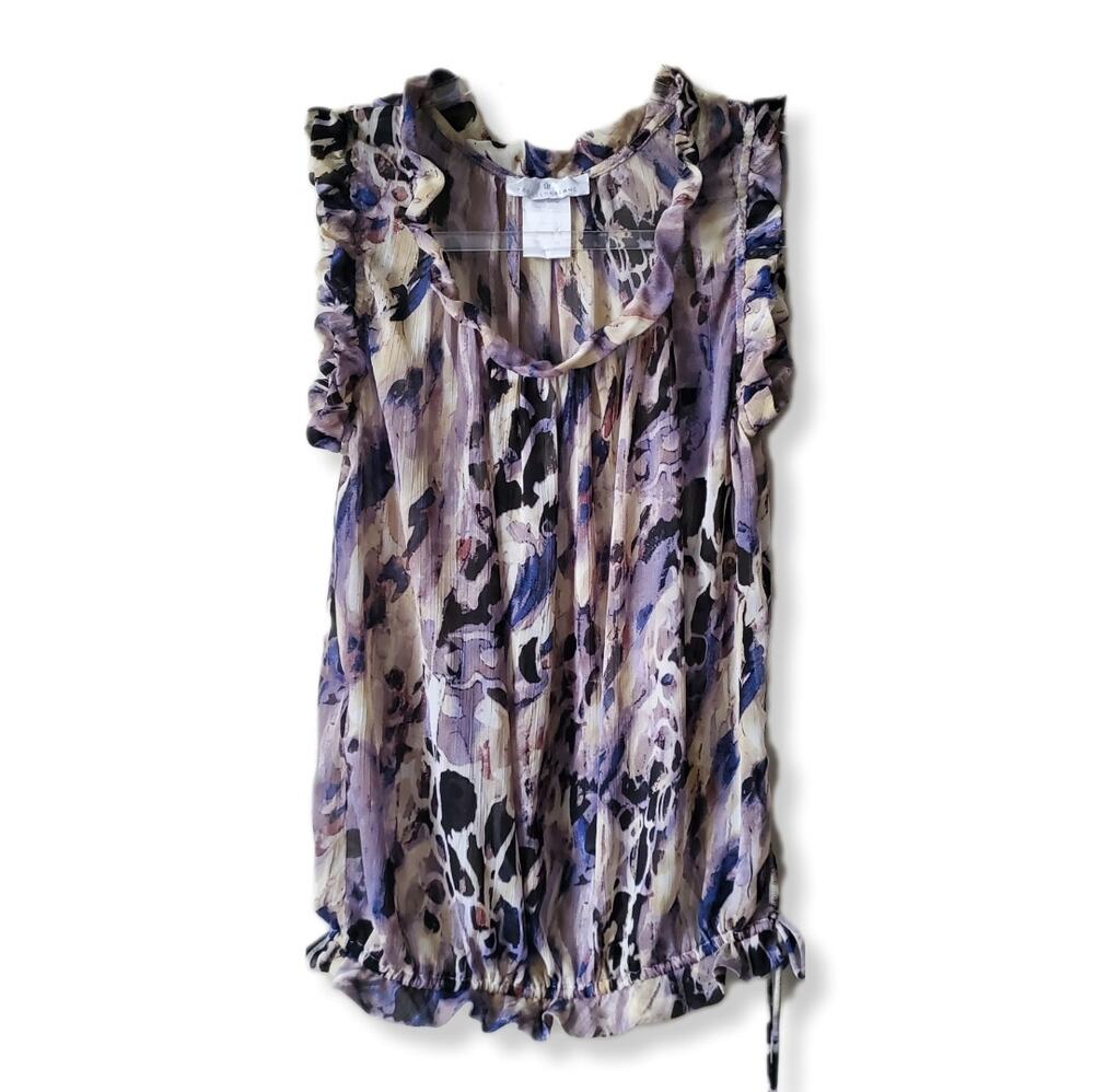 Womens Papillon Blanc Ruffle Sleeveless Blouse Sz S Romantic Sheer Print Modern